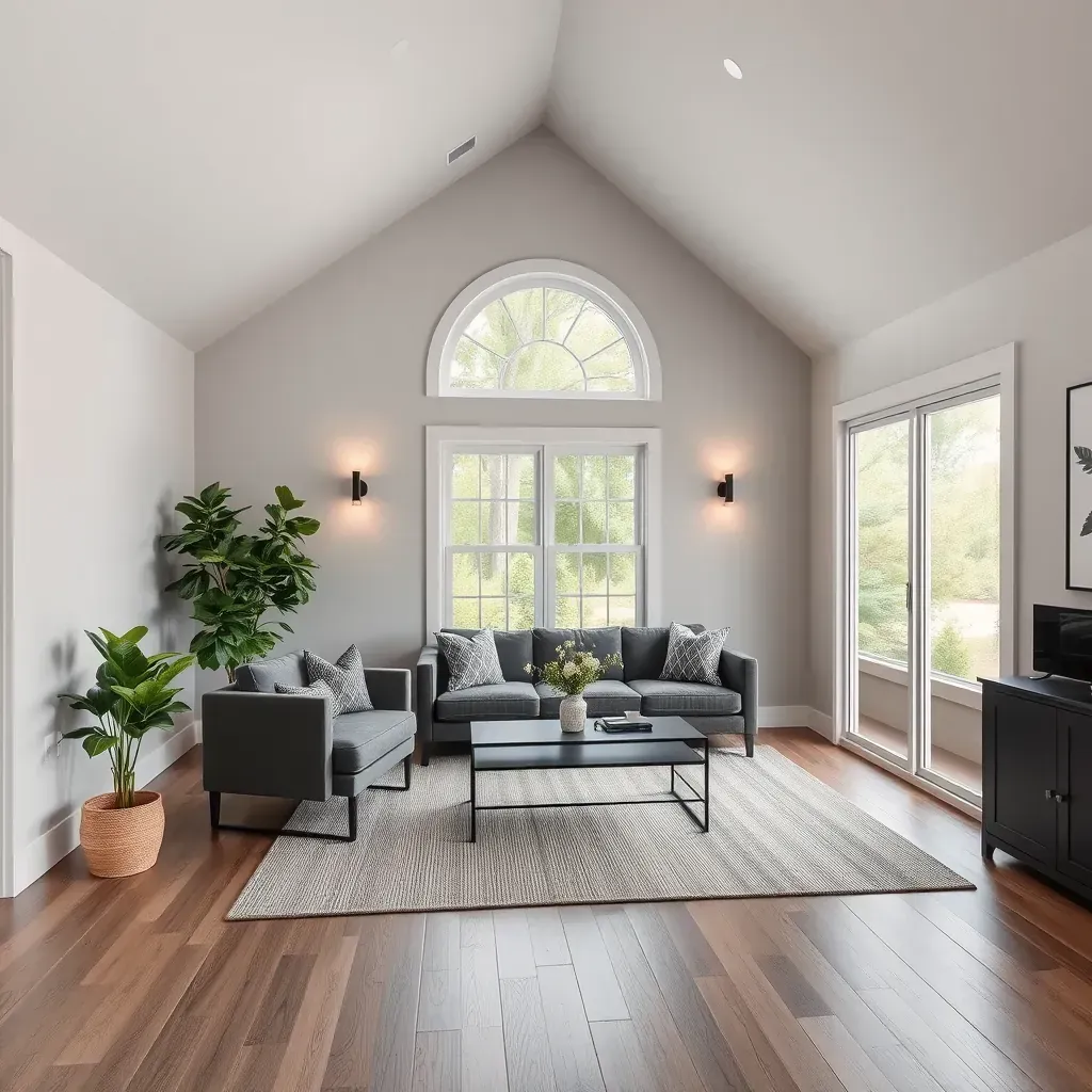 Home addition in Raleigh, NC with modern design, large windows, brick and siding exterior, spacious patio, lush greenery.