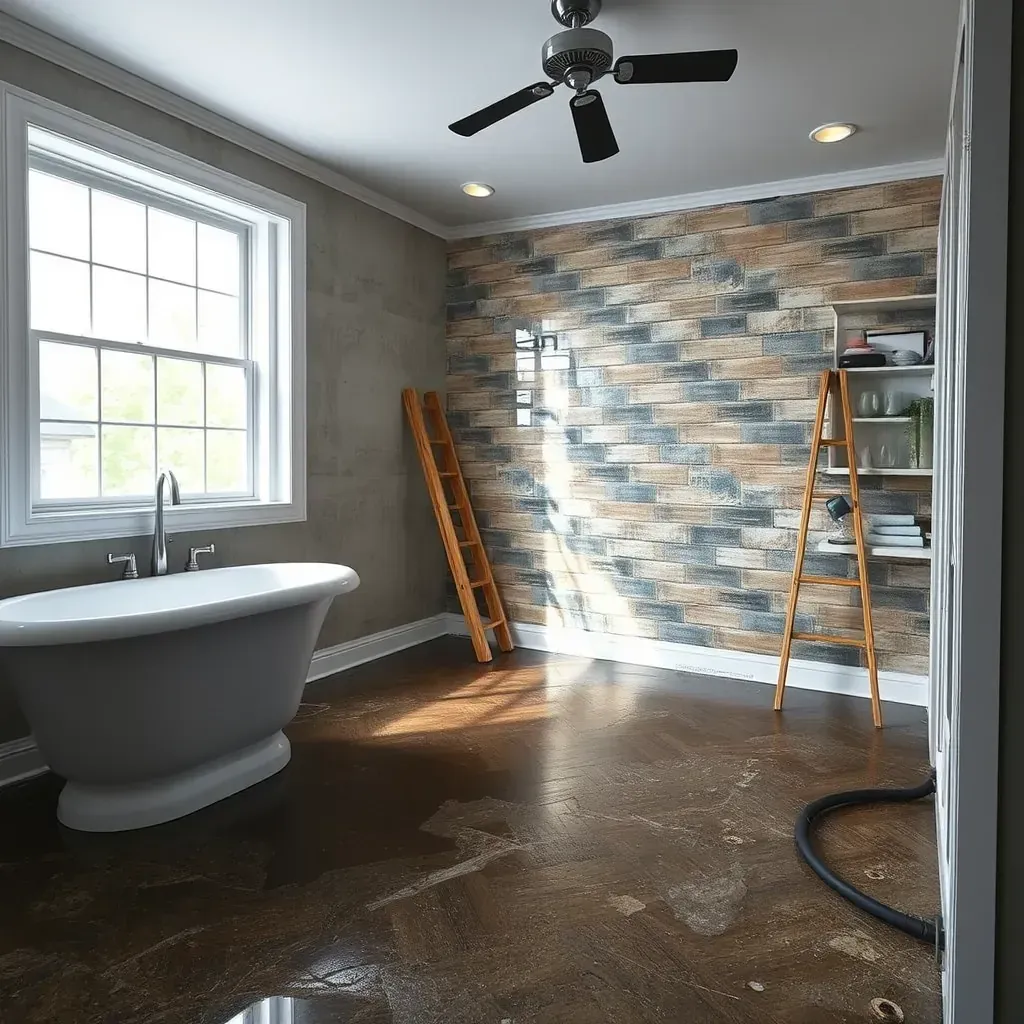Water damage restoration in Carrboro, NC: peeling hardwood, exposed drywall, industrial fans drying, lush greenery outside.