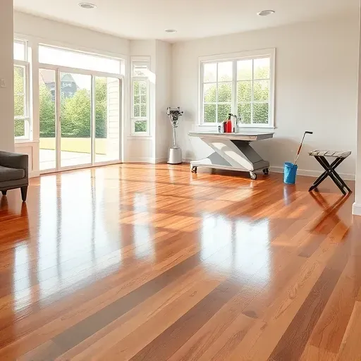 Restored Cary, NC living room with gleaming hardwood floors, pristine walls, and professional water damage restoration tools.