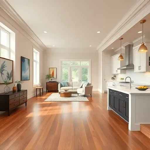 Modern Cary home interior featuring hardwood floors, neutral walls, crown molding, spacious living area, and stylish kitchen.