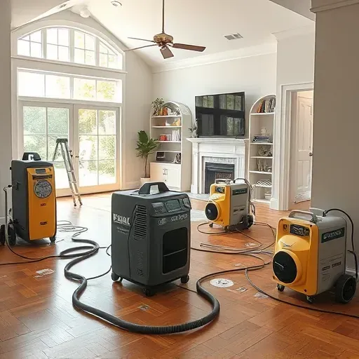 Interior of a restored home showing water damage repair with drying equipment, organized tools, bright natural light, and local touches.