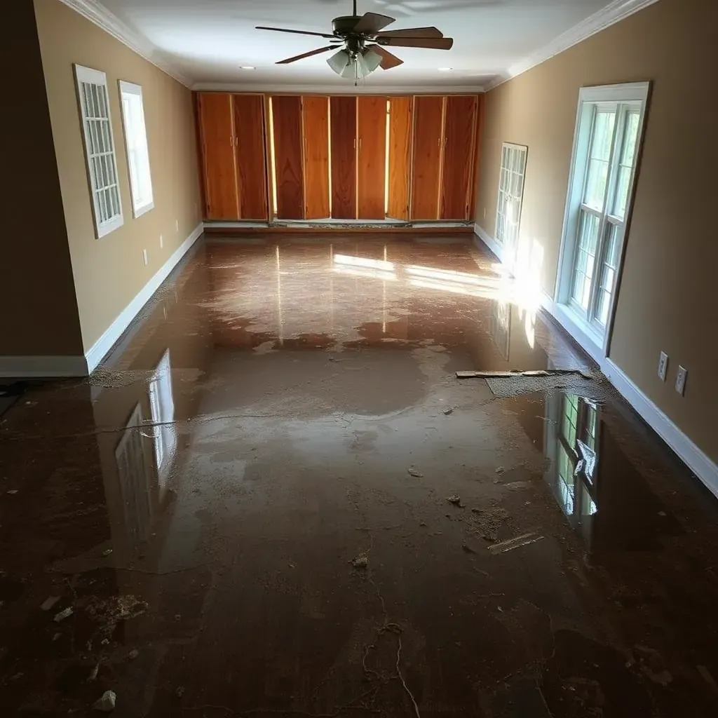 Interior of a water-damaged Oxford, NC living room showing wet carpet, damaged drywall, drying equipment, and moisture meters.