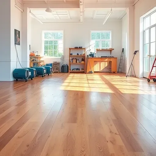 Water damage restoration in Dunn, NC: wet floors, warped wood, drying equipment, and moisture tools inside a damaged home.