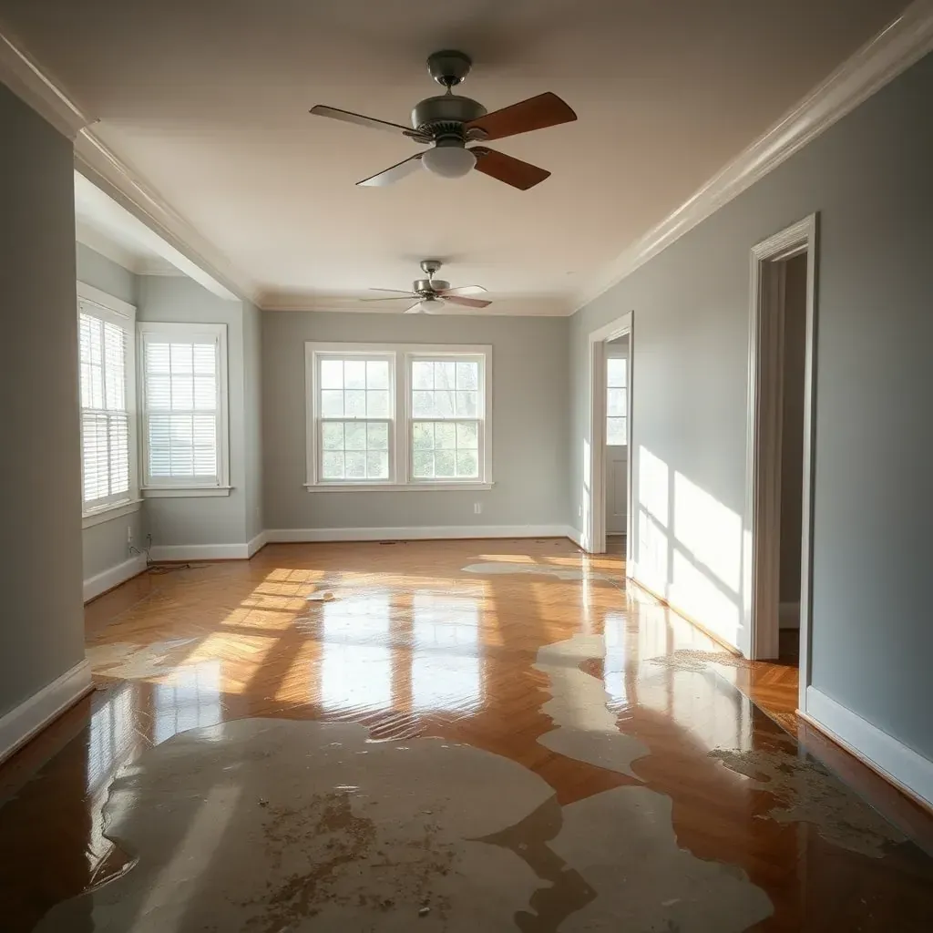 Detailed water damage restoration scene in Raleigh, NC, showing technicians working on flooded home repairs.