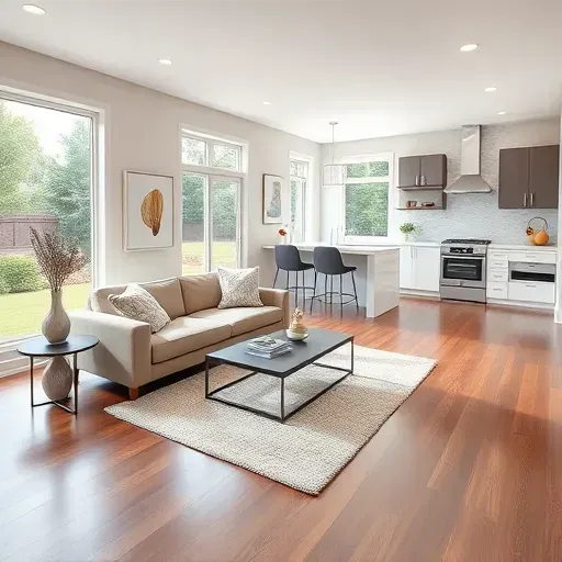 Beautiful modern Garner home interior with hardwood floors, large windows, stylish furniture, and a sleek kitchen.