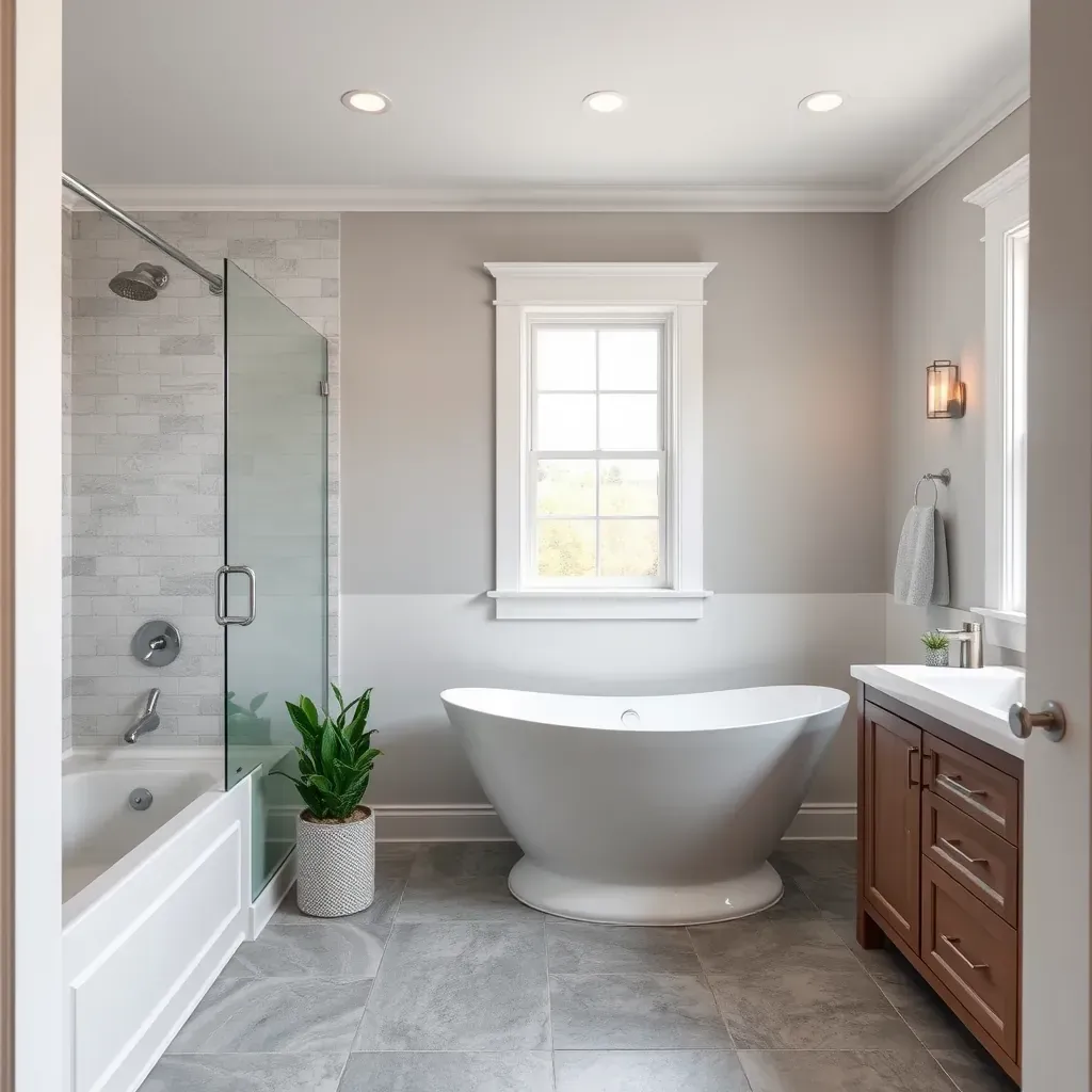 Modern Raleigh bathroom with ceramic tiles, glass shower, quartz vanity, soaking tub, and warm LED lighting.
