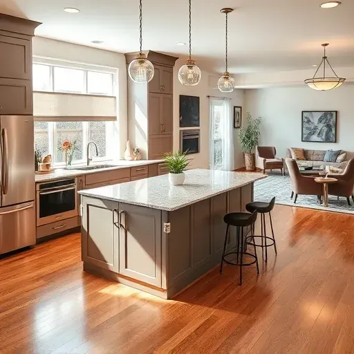 Renovated Louisburg, NC kitchen with modern cabinetry, granite island, stainless appliances, hardwood floors, and stylish decor.