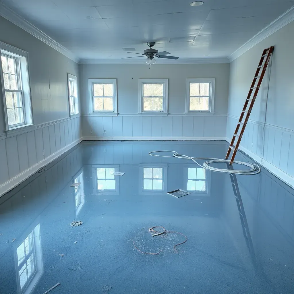 Detailed scene of water damage restoration in a Mebane, NC home with equipment, damp walls, and ongoing repair work.