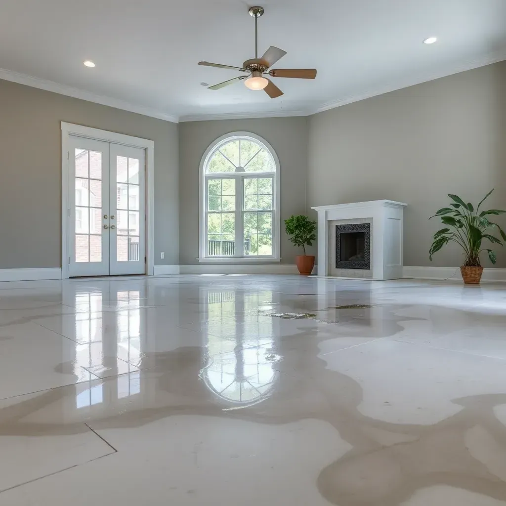 Water damage restoration in Carrboro, NC showing wet carpets, warped floors, drywall stains, and professional drying equipment.