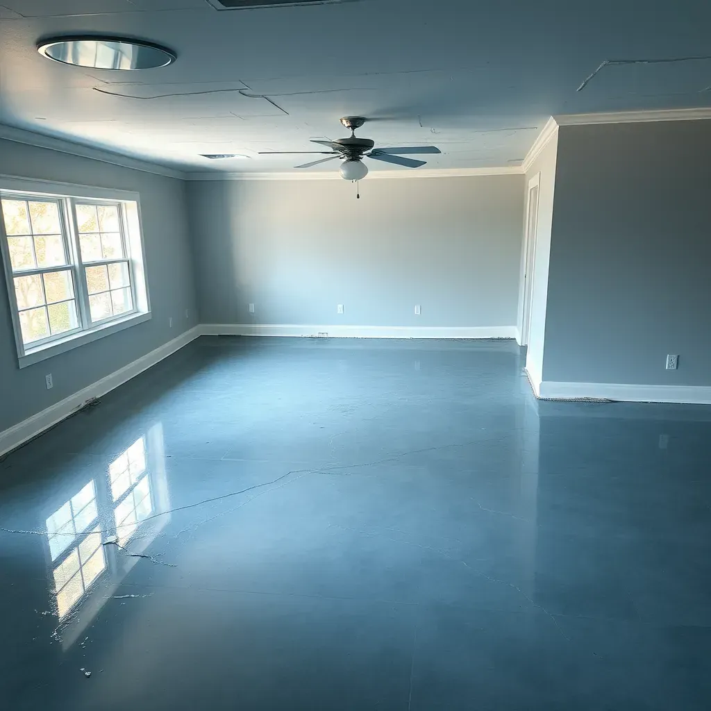 Water damage restoration in a Smithfield, NC home: warped hardwood floors, peeling walls, mold, dehumidifiers, fans, and cleaning supplies.
