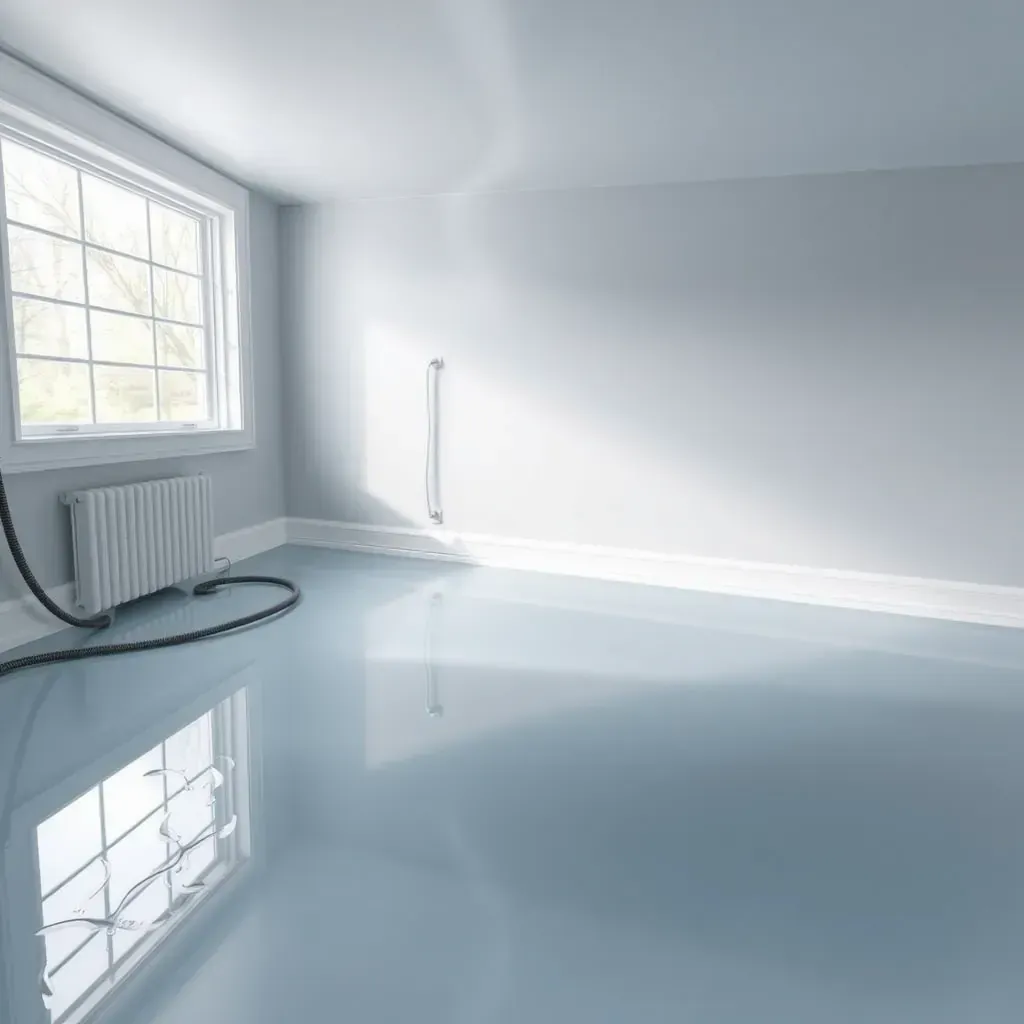 Water damage restoration in Wilson's Mills, NC: flooded room with drying equipment, wet drywall, water stains, and restoration tools.