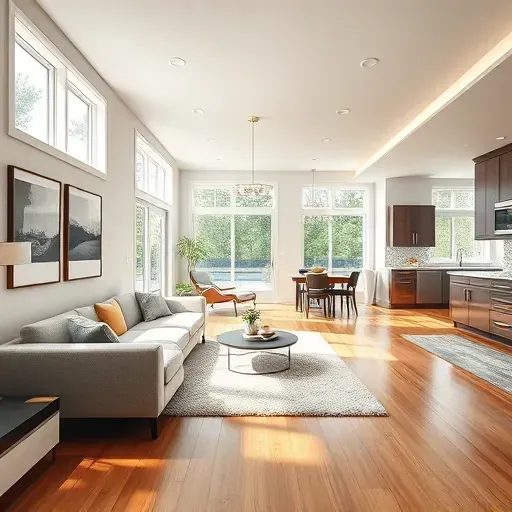 Modern Durham home renovation featuring a stylish living room with hardwood floors, large windows, and sleek open kitchen.