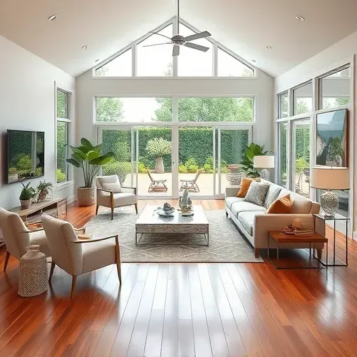 Modern Benson, NC living room with hardwood floors, coastal decor, large windows, lush garden view, and stylish furnishings.