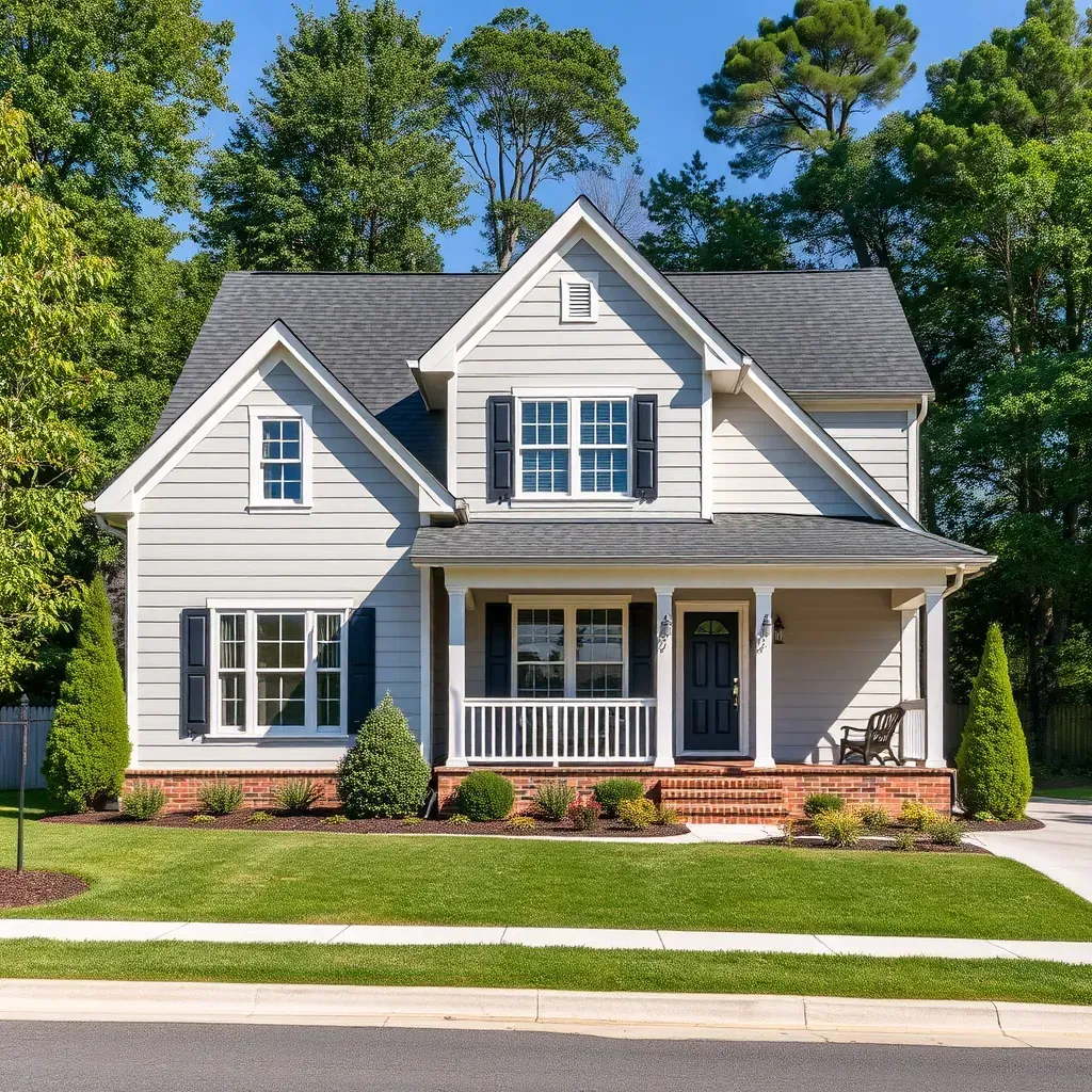 Modern Morrisville home with updated siding, new windows, manicured lawn, and inviting porch showcasing recent remodeling.