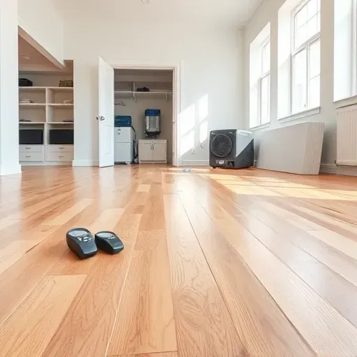 Restored indoor space in Holly Springs, NC showing hardwood floors, drywall repairs, moisture meters, and drying equipment.