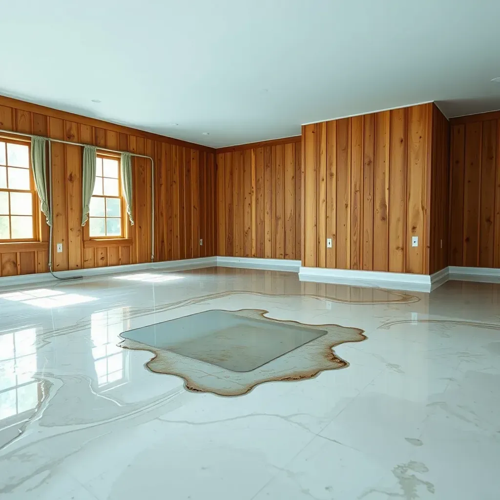 Water damage restoration scene in Coats, NC; flooded home interior with drying equipment and water-logged surfaces.