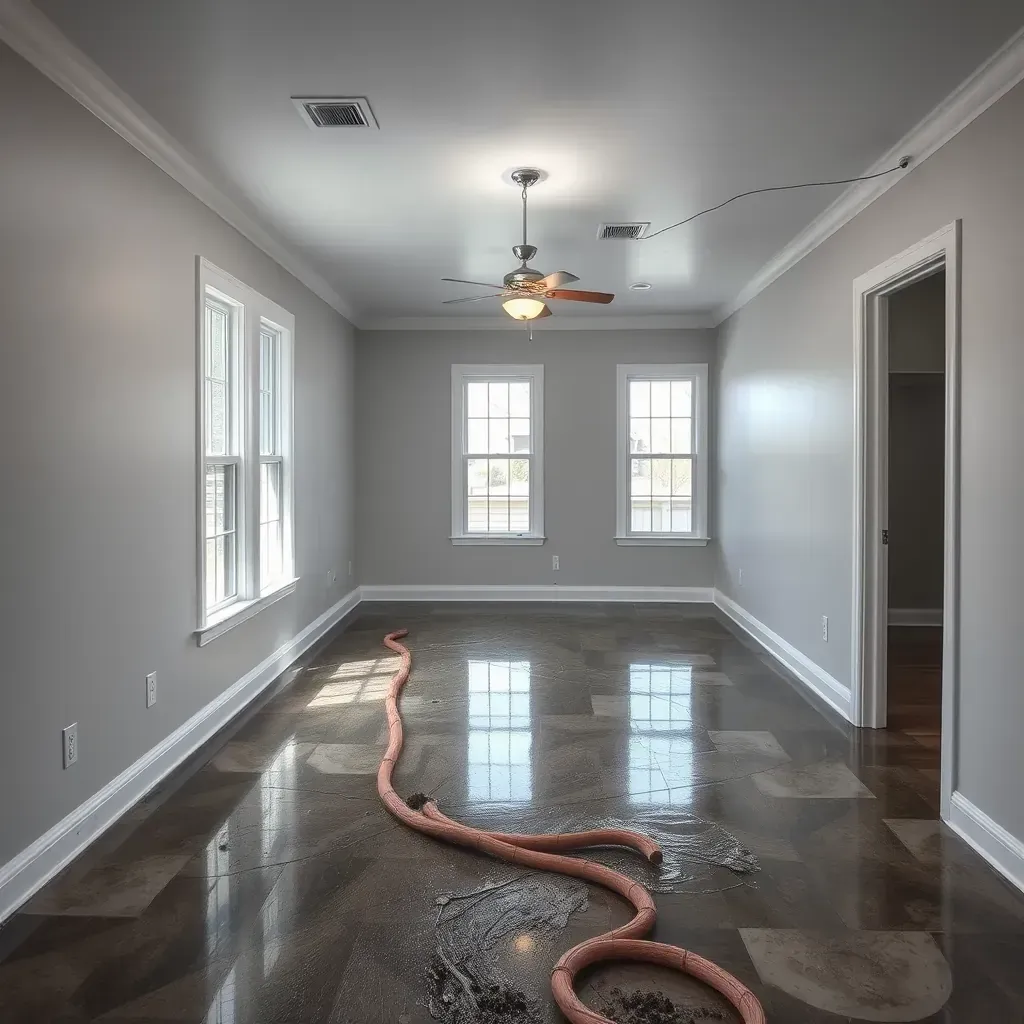 Water damage restoration in Zebulon, NC: soaked floors, stained drywall, and restoration equipment in a residential living room.