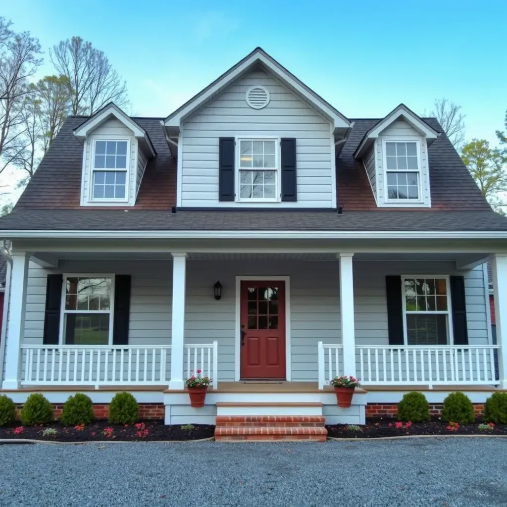 Home restoration in Four Oaks, NC featuring a renovated American house with new siding, windows, landscaping, and ongoing work.