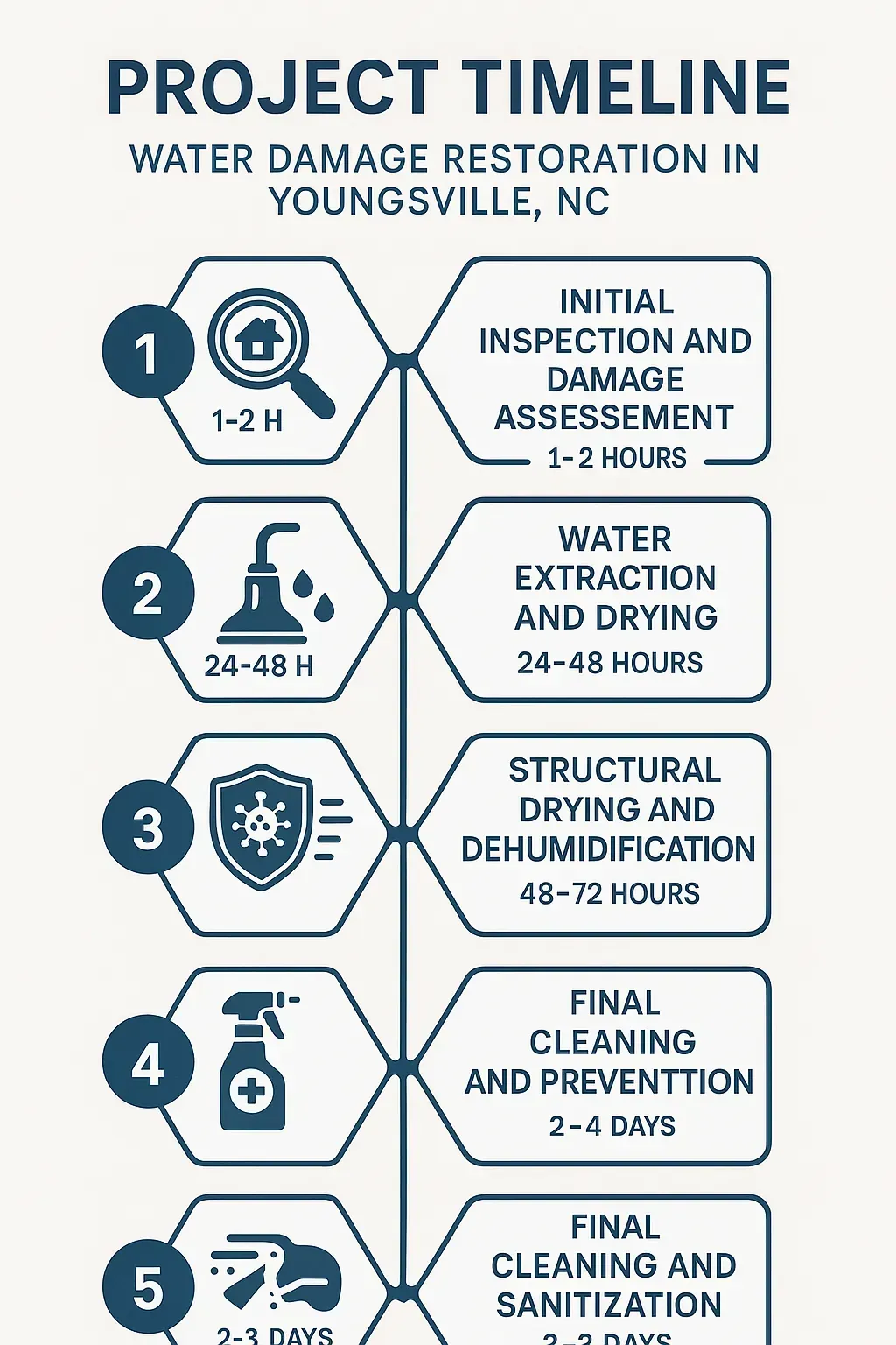 Infographic illustrating the 5-step water damage restoration timeline in Youngsville, NC — inspection, drying, mold prevention, cleaning.