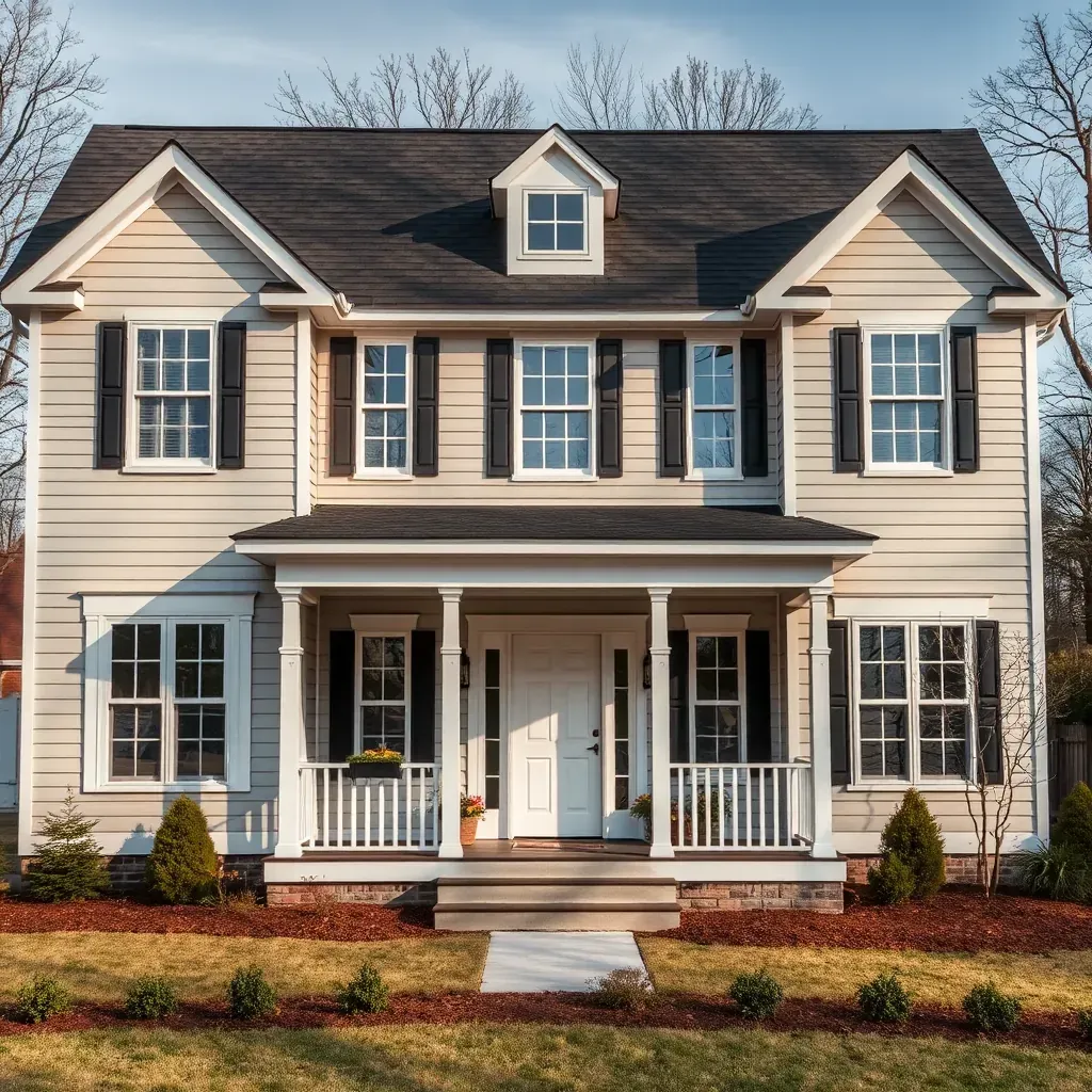Renovated Princeton, NC home with fresh siding, landscaped yard, modern porch, and suburban charm under clear blue sky.