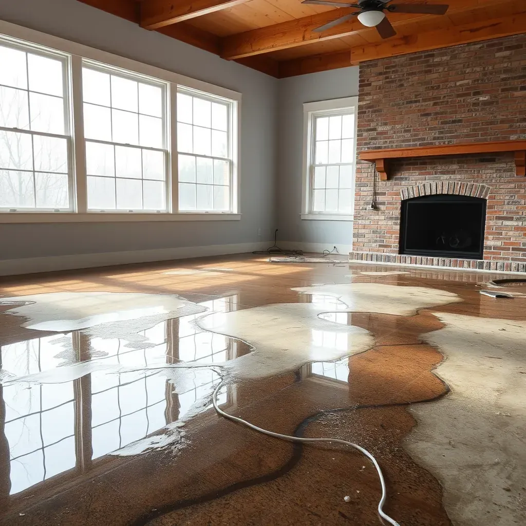 Water damage cleanup in a Fuquay-Varina home shows soaked floors, warped wood, and moisture mitigation tools inside.