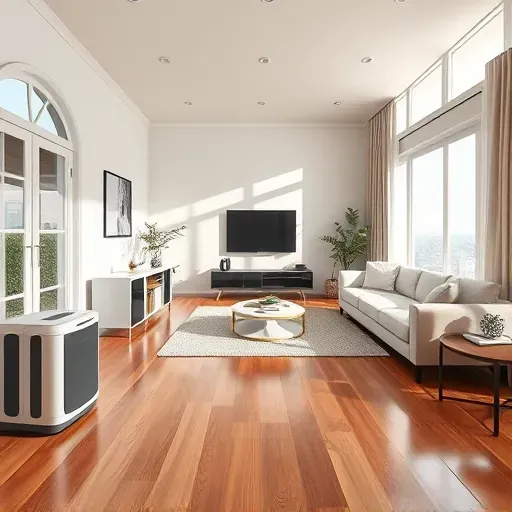 Restored living room with dry hardwood, modern furniture, bright natural light, and subtle signs of water damage repair.