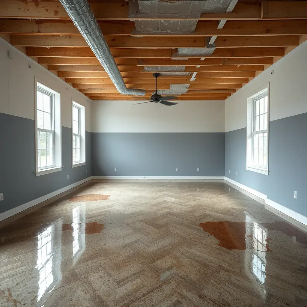 Water damage restoration in Youngsville, NC: damaged drywall, warped floors, drying equipment, and wet carpets in a residential living room.