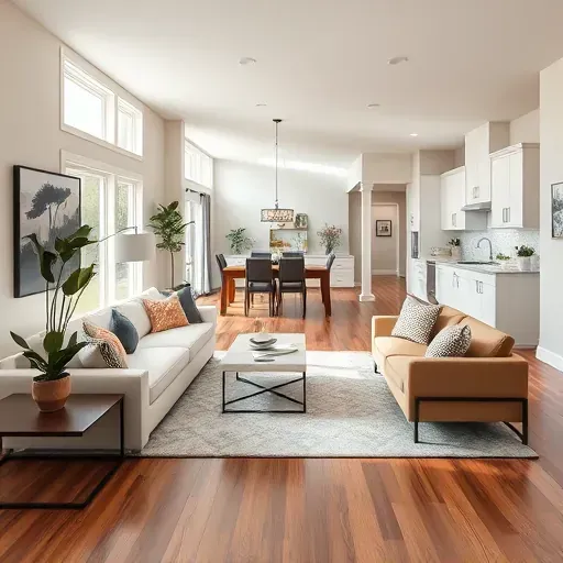 Beautiful renovated Garner living room with sleek hardwood floors, natural light, stylish decor, and open-concept kitchen.