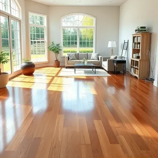 Restored Holly Springs living room with polished hardwood floors, fresh paint, organized tools, lush greenery outside.