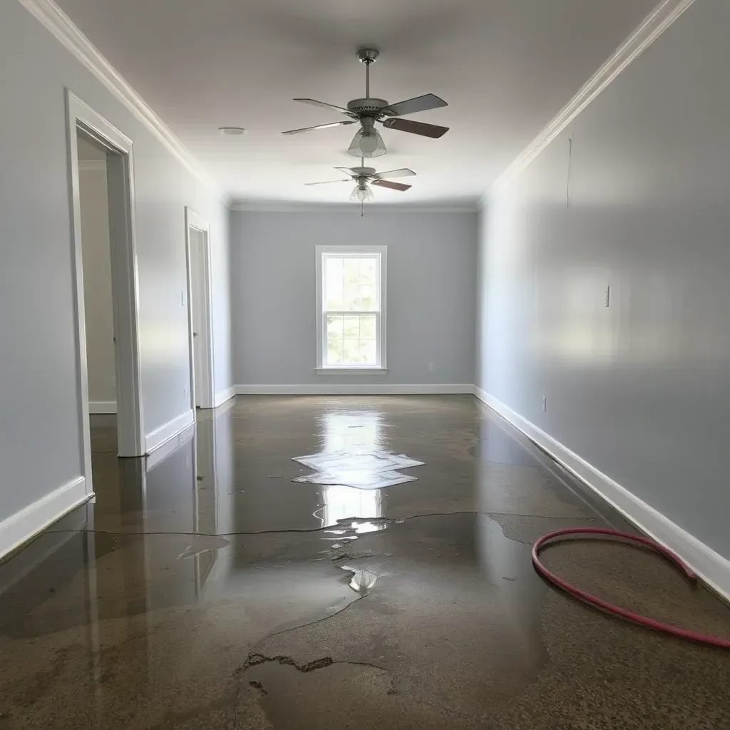 Water damage restoration scene inside a Franklinton home with drying equipment, wet floors, and water-stained walls.