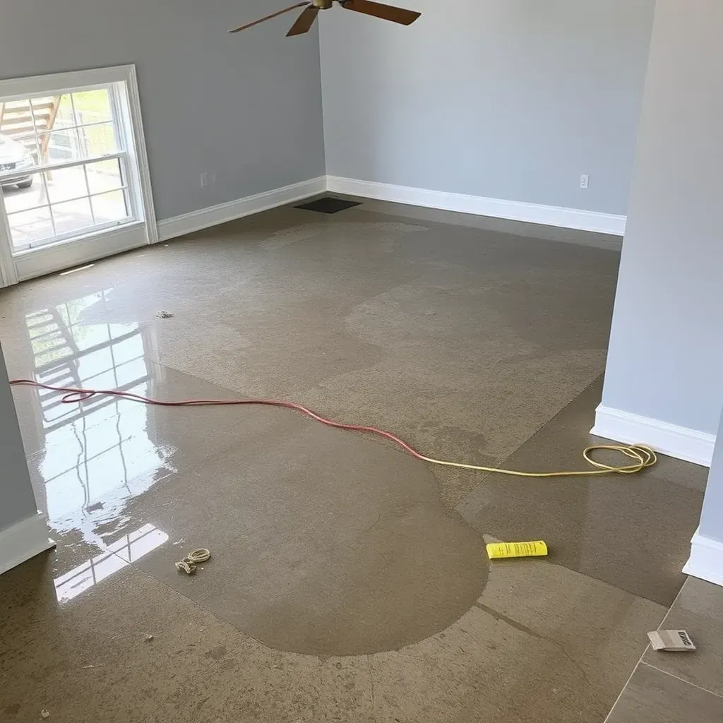 Indoor water damage restoration in Creedmoor, NC with dehumidifiers, fans, wet flooring, mold spots, and restoration equipment.