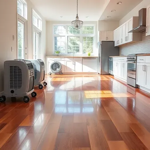 Restored interior with polished floors, dry walls, and drying equipment, showcasing expert water damage restoration.