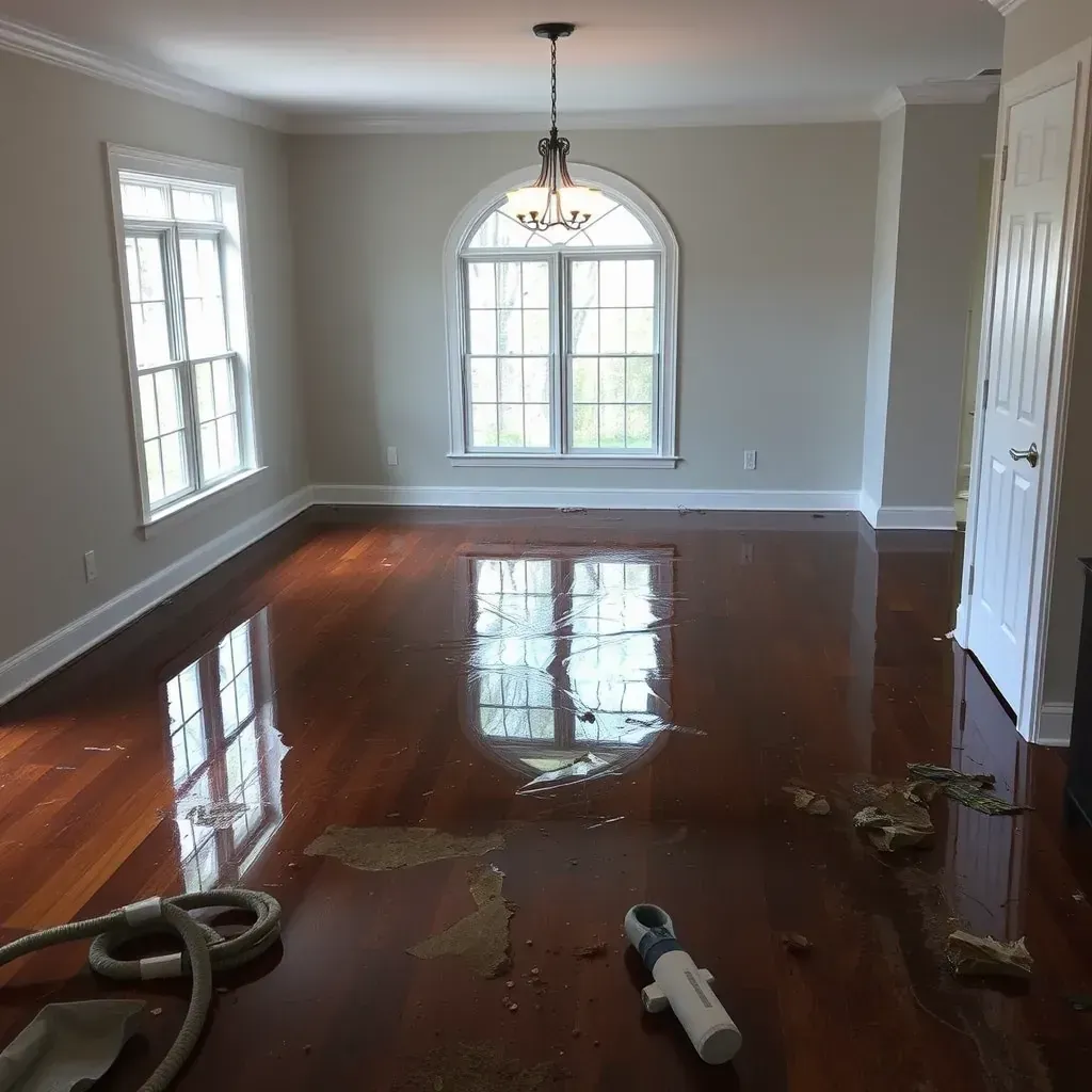 Water-damaged basement in Hillsborough, NC, with wet floors, drying fans, mold spots, and restoration equipment.