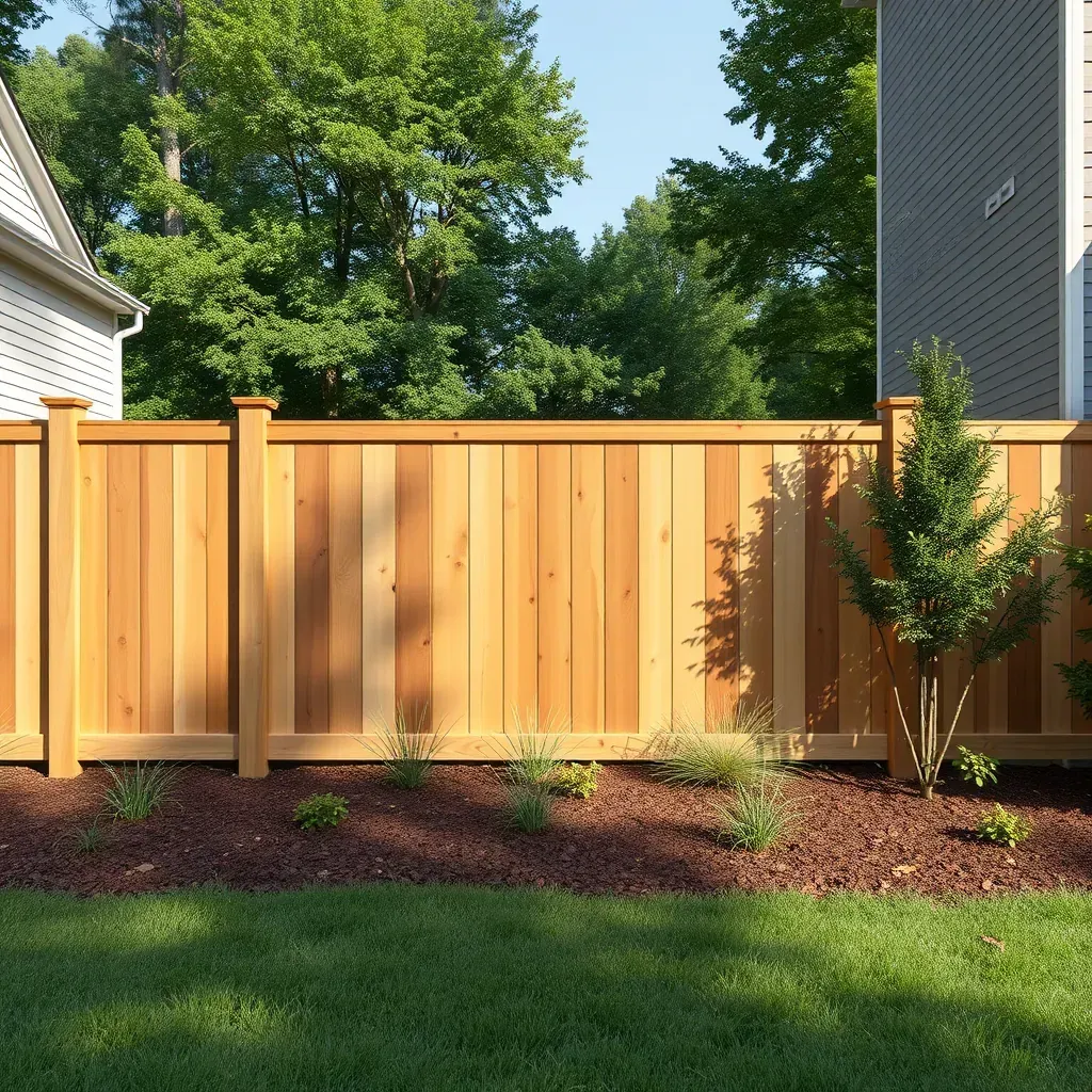 Renovated wooden fence in Raleigh, NC backyard with lush greenery, mature trees, and vibrant natural daylight.