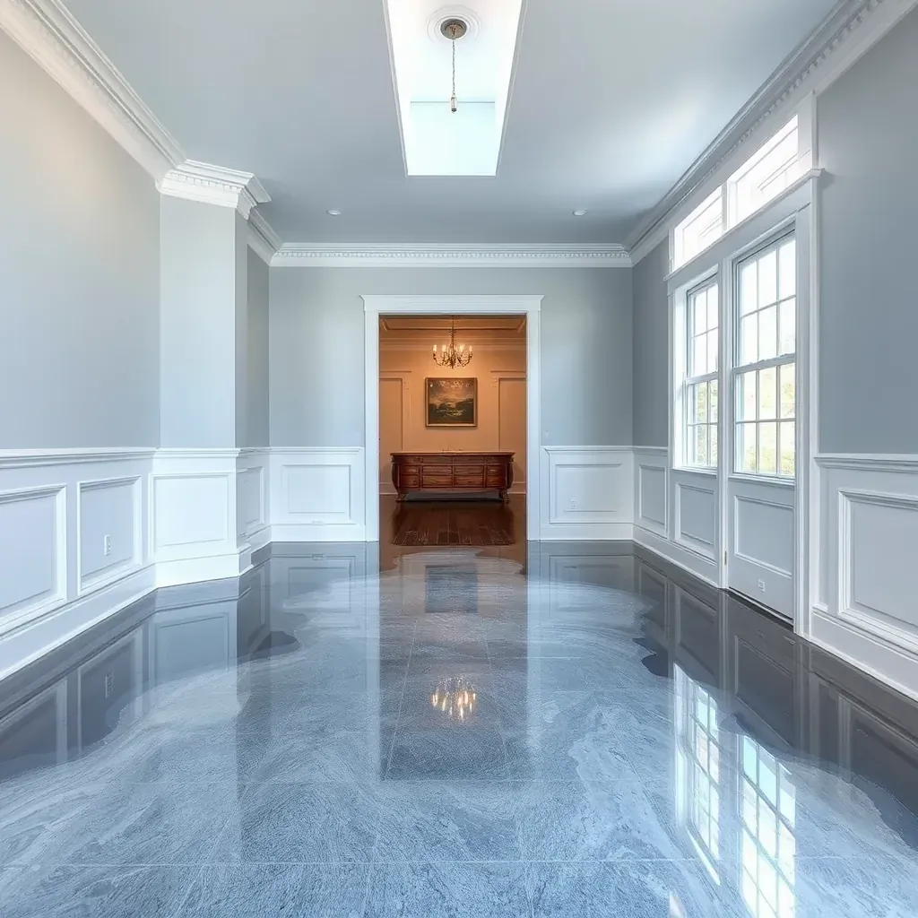 Water damage restoration in Princeton, NC: flooded living room with dehumidifiers, fans, and water-stained walls.