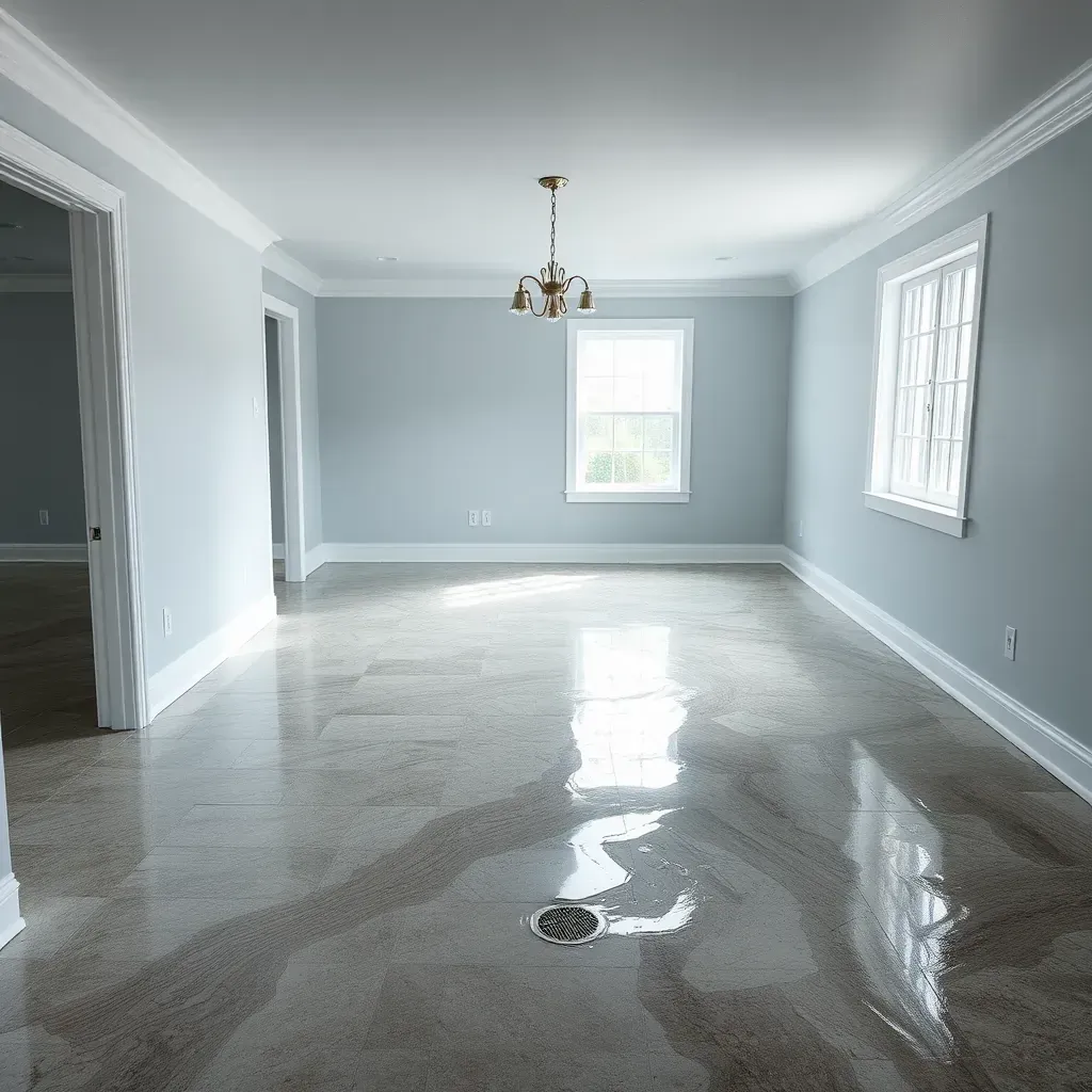 Water damage restoration scene in Louisburg, NC showing wet floors, peeling paint, and professional drying equipment.