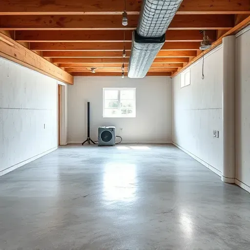 Restored water-damaged Carrboro basement showing drywall, wooden beams, new surfaces, and restoration equipment.