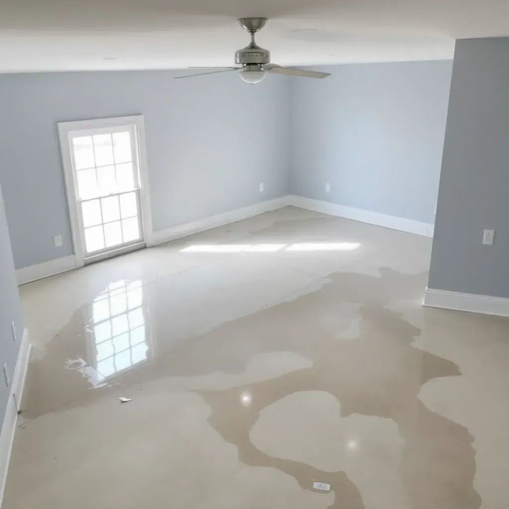 Water damage restoration team in Wendell, NC, repairing water-stained walls, wet floors, and using drying equipment.