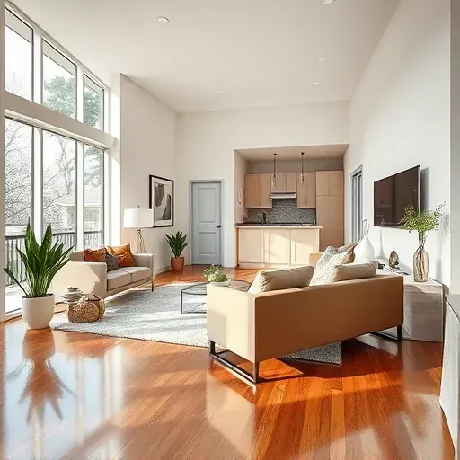 Renovated Raleigh living room with modern furniture, large windows, hardwood floors, stylish decor, and open-concept kitchen.