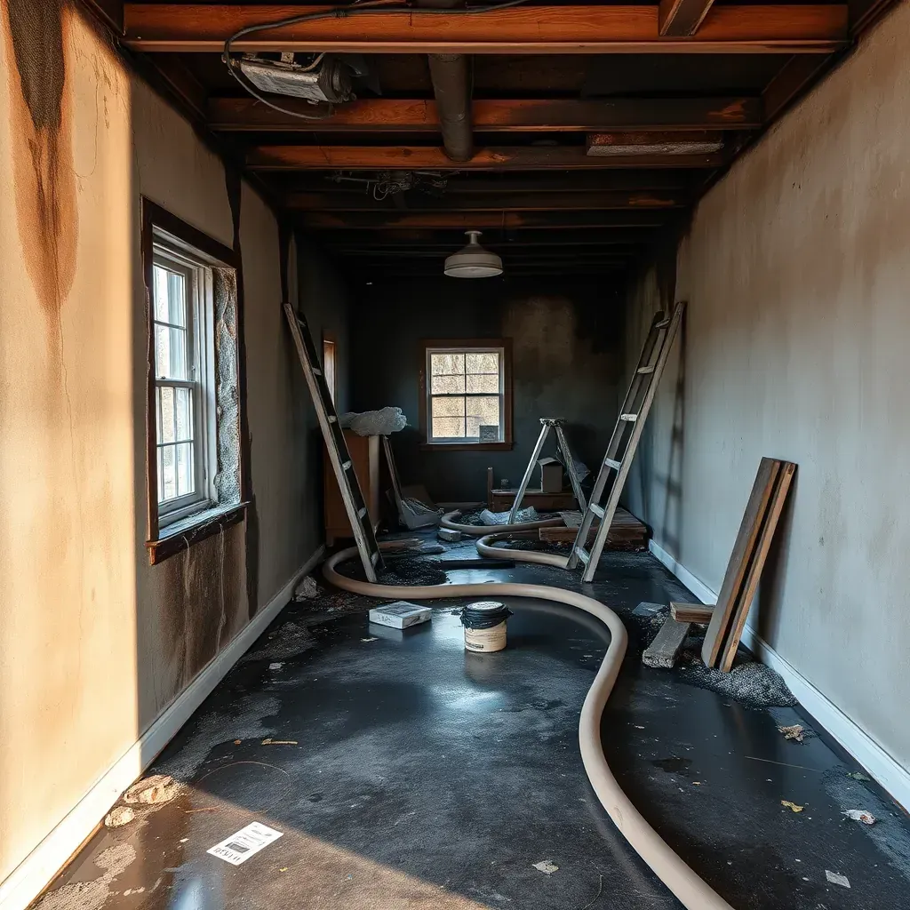 Fire-damaged interior in Raleigh, NC with charred walls, exposed studs, debris, restoration equipment, and natural light.