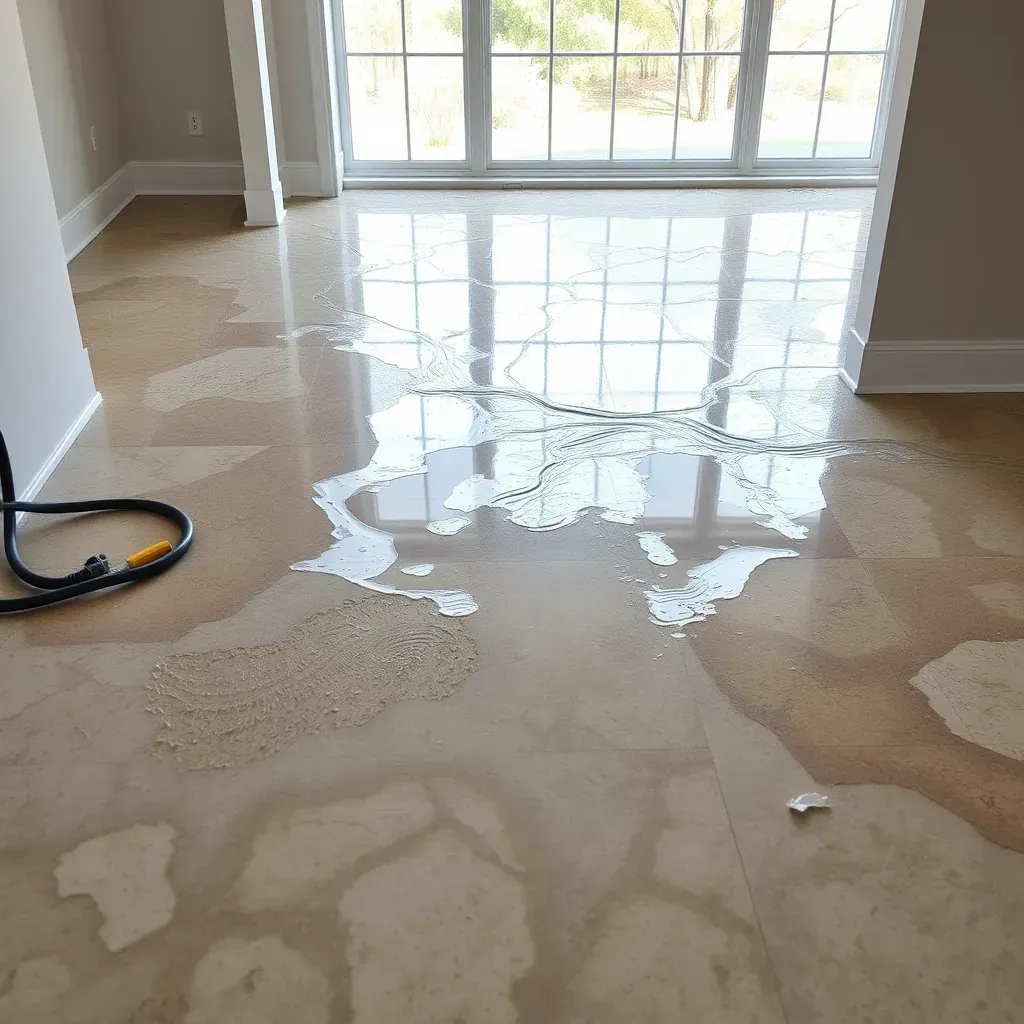 Water damage restoration in Zebulon, NC shows dried drywall, drying mats, dehumidifiers, fans, and organized tools.