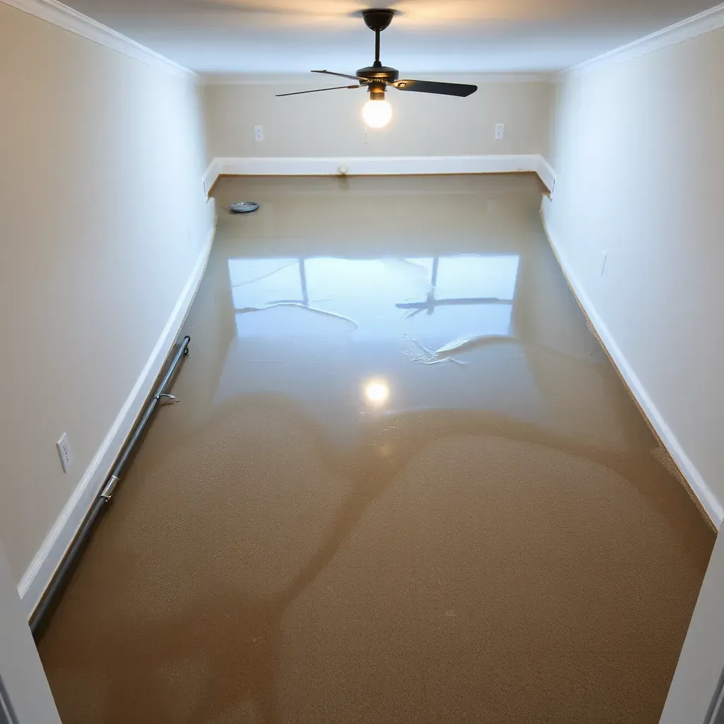 Water damage restoration scene in Pittsboro, NC featuring soaked floors, warped wood, and drying equipment in an affected interior space.