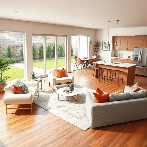 Recently renovated modern home interior in Morrisville, NC with open living, hardwood floors, stylish furniture, and outdoor patio.