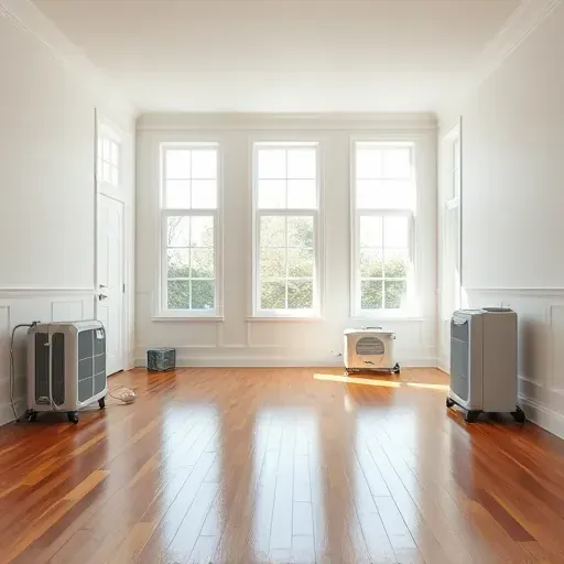Restored living room in Louisburg, NC with polished hardwood floors, fresh paint, dehumidifiers, and natural sunlight.