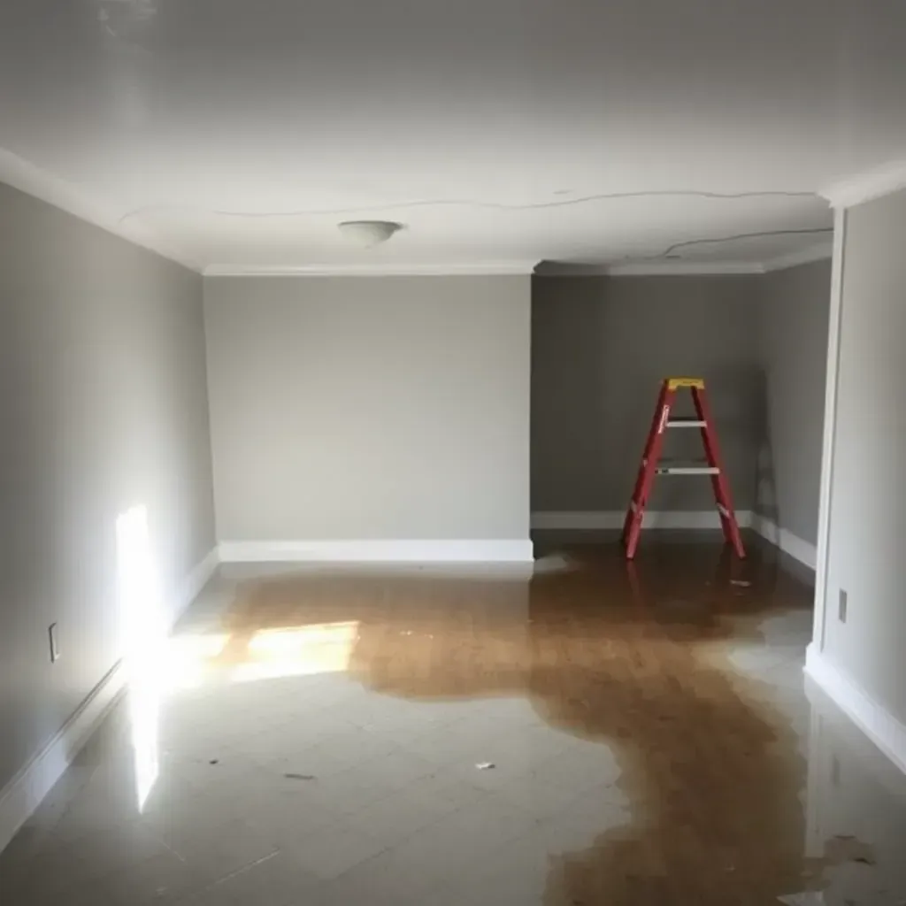 Water damage restoration scene in Garner, NC: soaked carpet, warped wood, drying equipment, and peeling drywall.