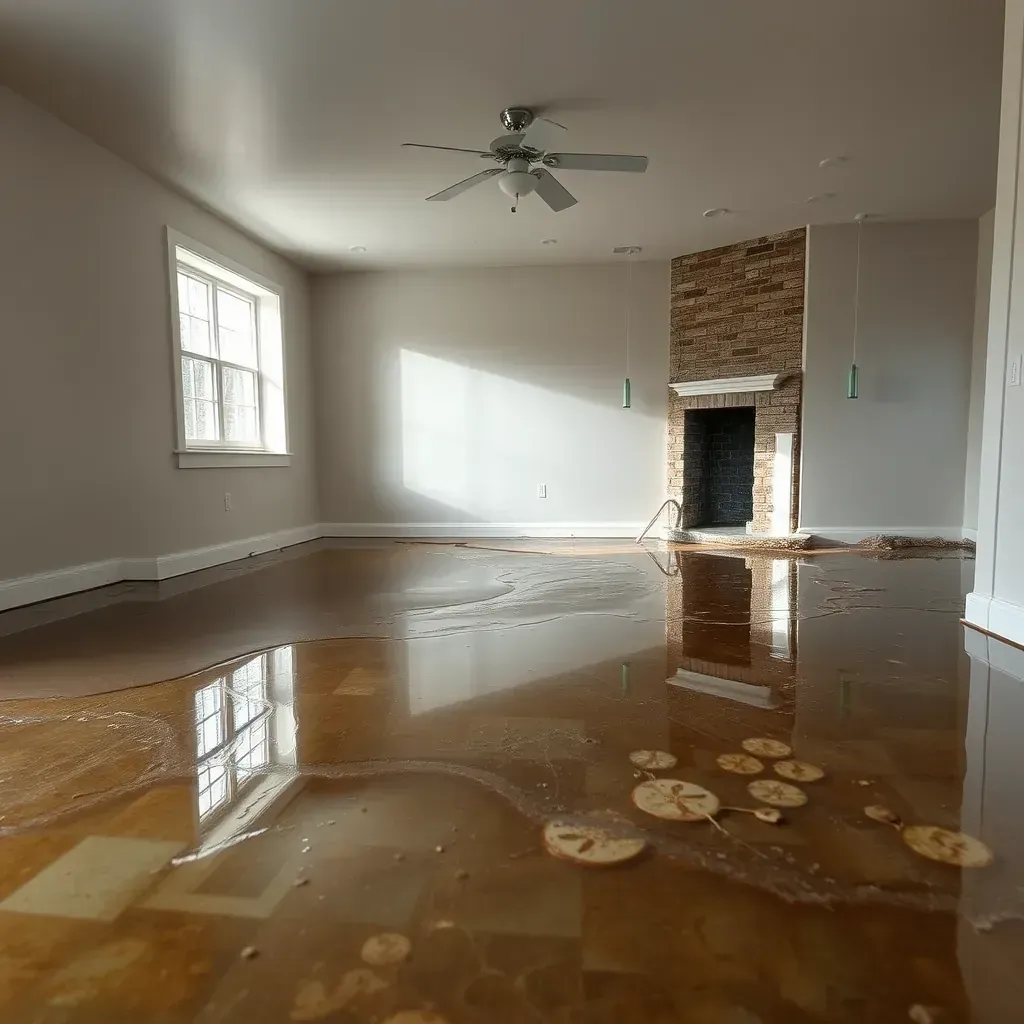 Interior of a water-damaged Creedmoor home with drying equipment, exposed walls, warped floors, and professional restoration efforts.