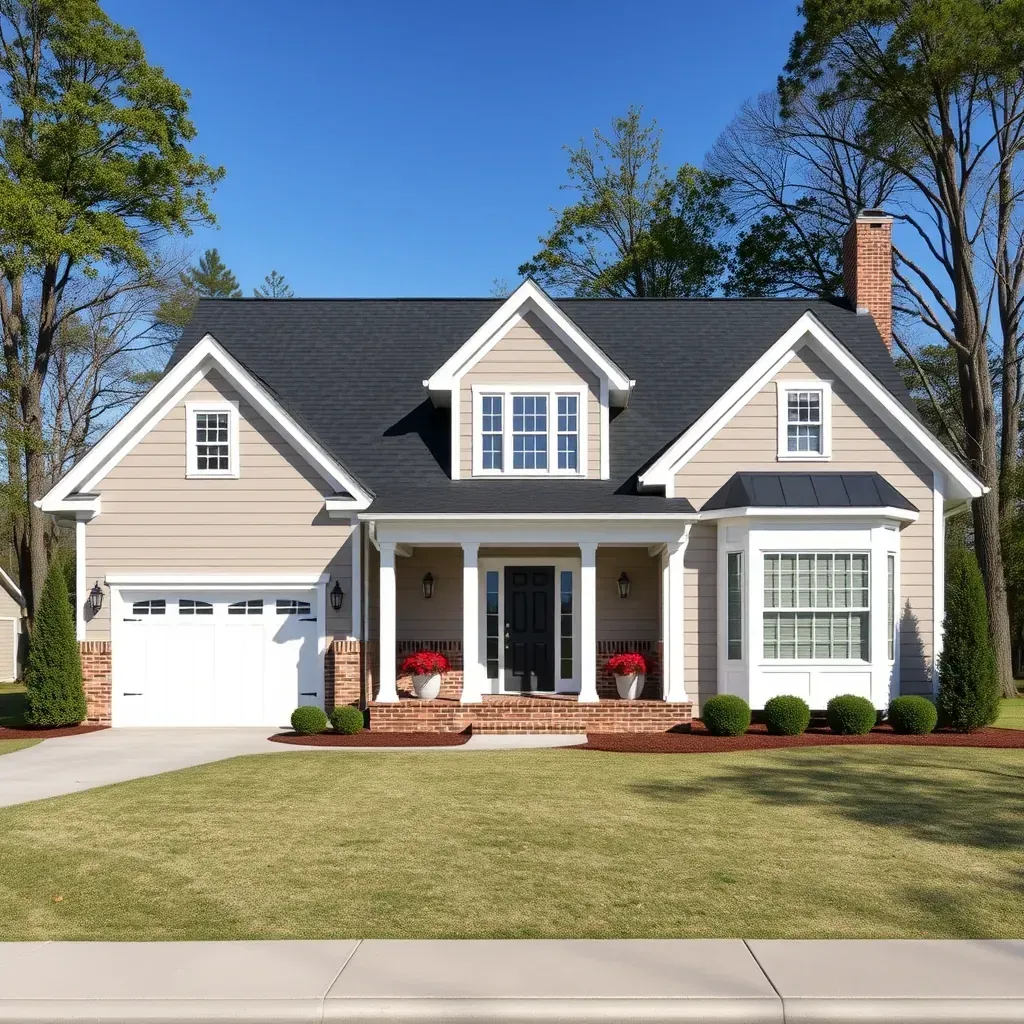 A renovated farmhouse-style home in Spring Hope, NC with fresh paint, lush landscaping, refurbished porch, new windows, driveway, and updated roofing.