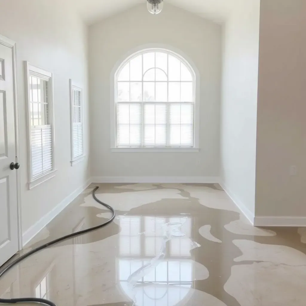 Water damage restoration scene in a Raleigh, NC home with warped floors, exposed drywall, dehumidifiers, and restoration equipment.