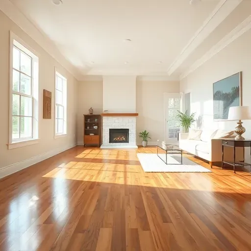 Restored water-damaged Raleigh living room with polished hardwood, vibrant neutral walls, bright natural light, and organized workspace.
