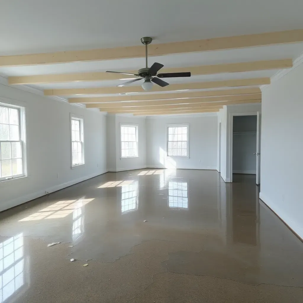 Water damage restoration scene in Creedmoor, NC: flooded room with dehumidifiers, fans, sump pumps, and repair signs.
